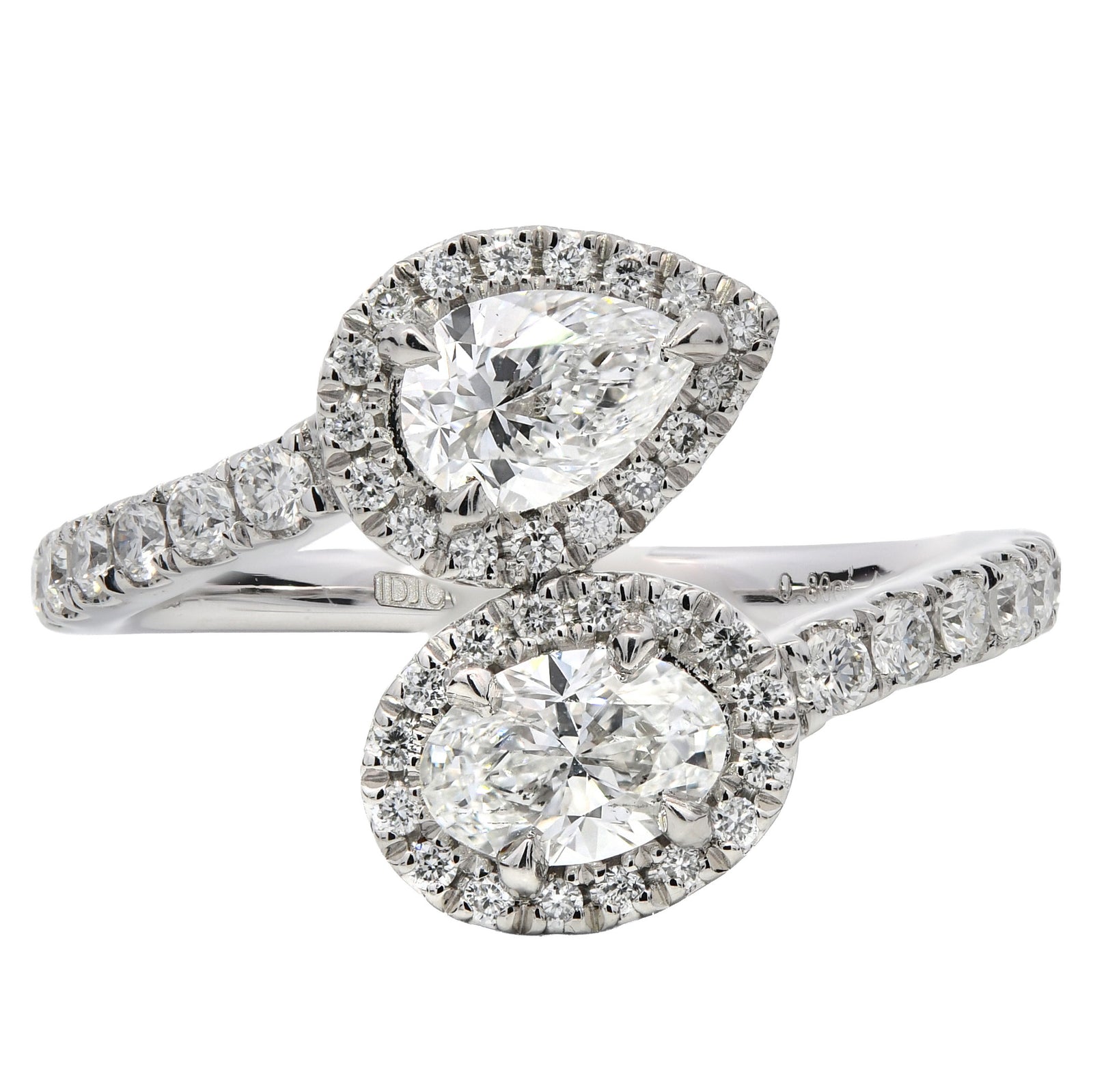 1.14ct natural diamond cross over engagement ring, oval & pear shape, D/E colour, SI1 clarity, GIA certified. Platinum