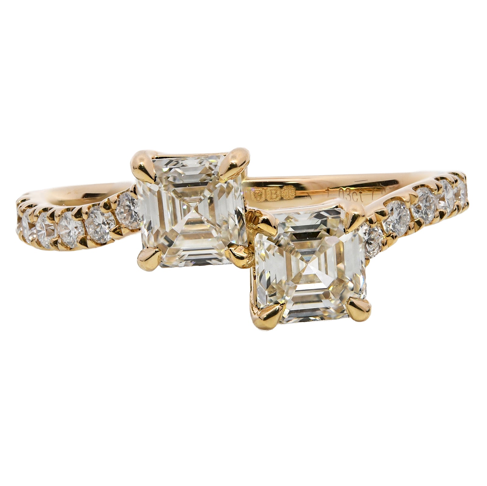1.25ct natural diamond cross over engagement ring, asscher cut, I colour, VS1 clarity, GIA certified. 18ct Yellow Gold