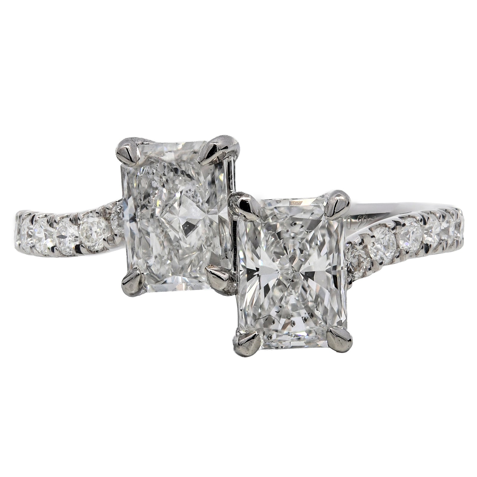 1.75ct natural diamond cross over engagement ring, radiant cut, E colour, SI2 clarity, GIA certified. Platinum
