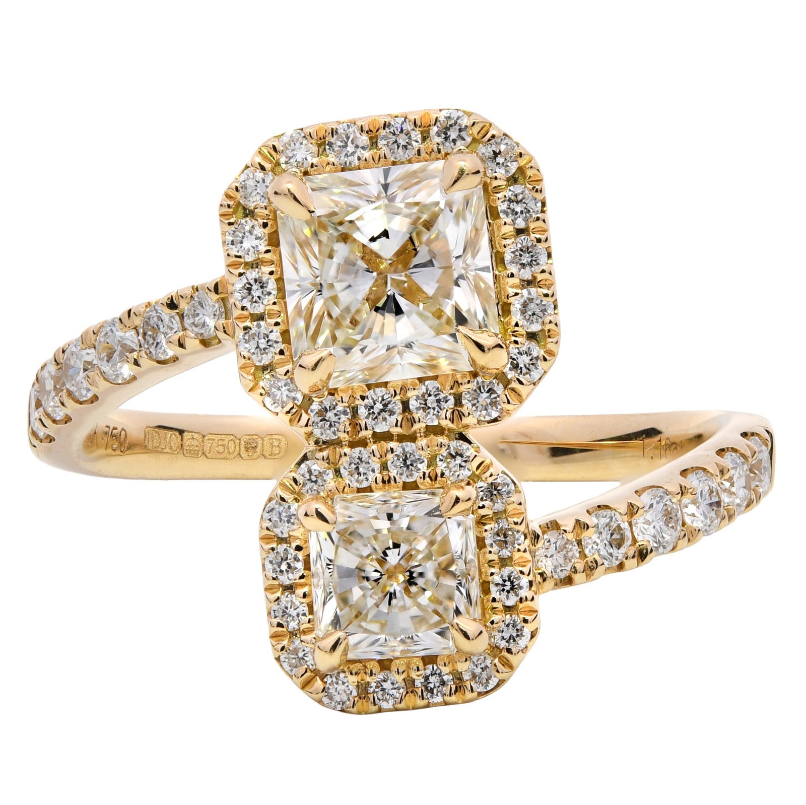 1.50ct natural diamond cross over engagement ring, radiant cut, J colour, VS1 clarity, GIA certified. 18ct Yellow Gold