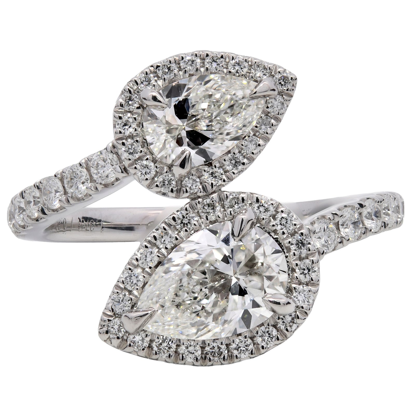 1.76ct natural diamond cross over engagement ring, pear shape, H colour, VS2 clarity, GIA certified. Platinum