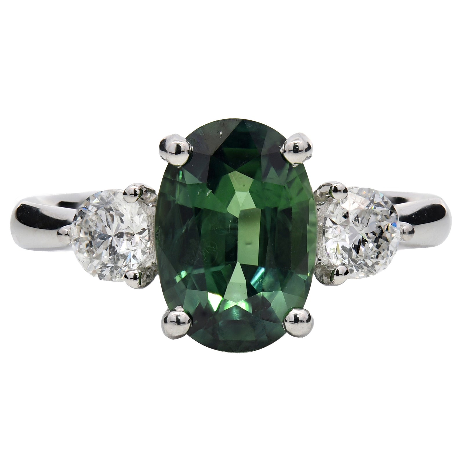 2.99ct teal sapphire & diamond engagement ring, oval cut set in platinum. WGI certified