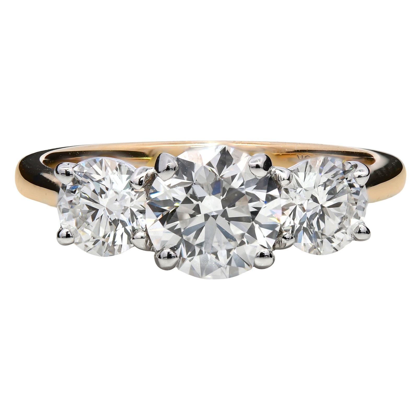 1.81ct natural diamond trilogy engagement ring, round brilliant cut, E colour, SI1 clarity, GIA certified. 18ct Yellow & White Gold