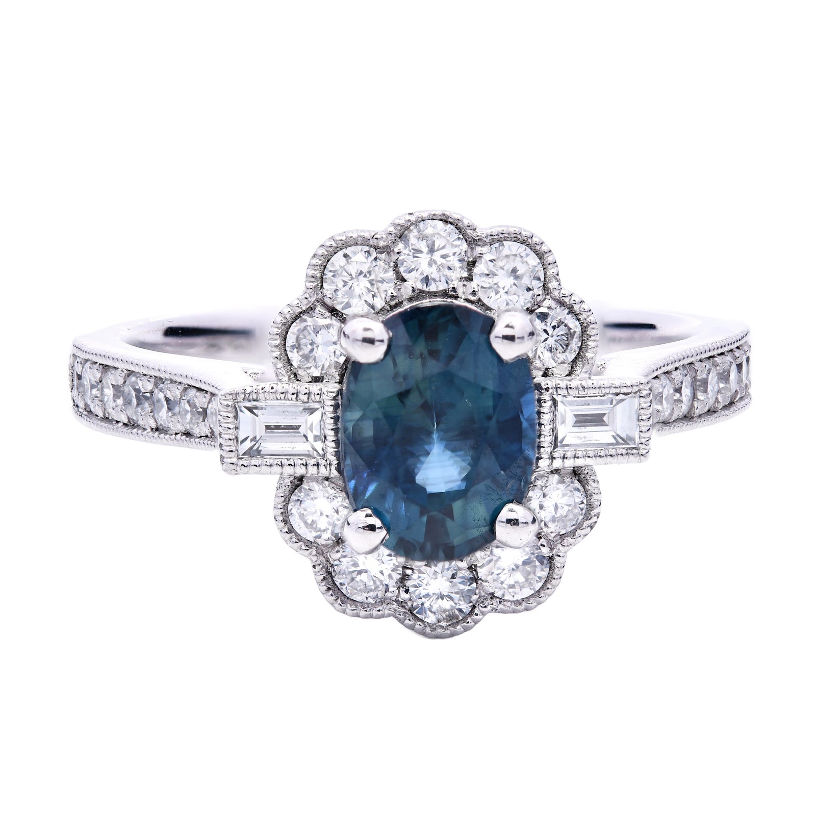SOLD - 1.59ct teal sapphire & diamond engagement ring set in a platinum halo