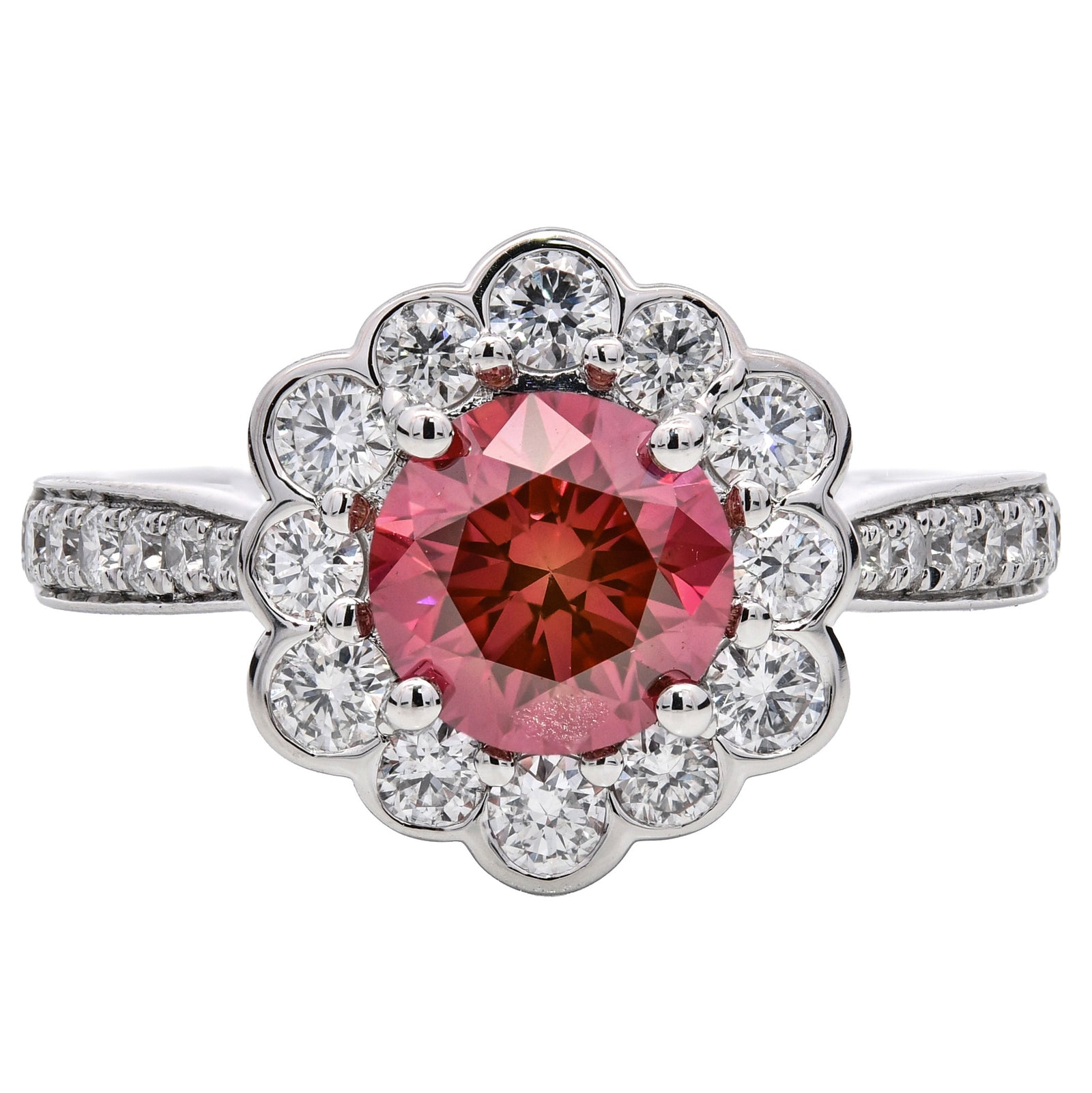 1.85ct natural diamond engagement ring, round brilliant cut, fancy vivid purplish pink colour, VS1 clarity, GIA certified. Platinum
