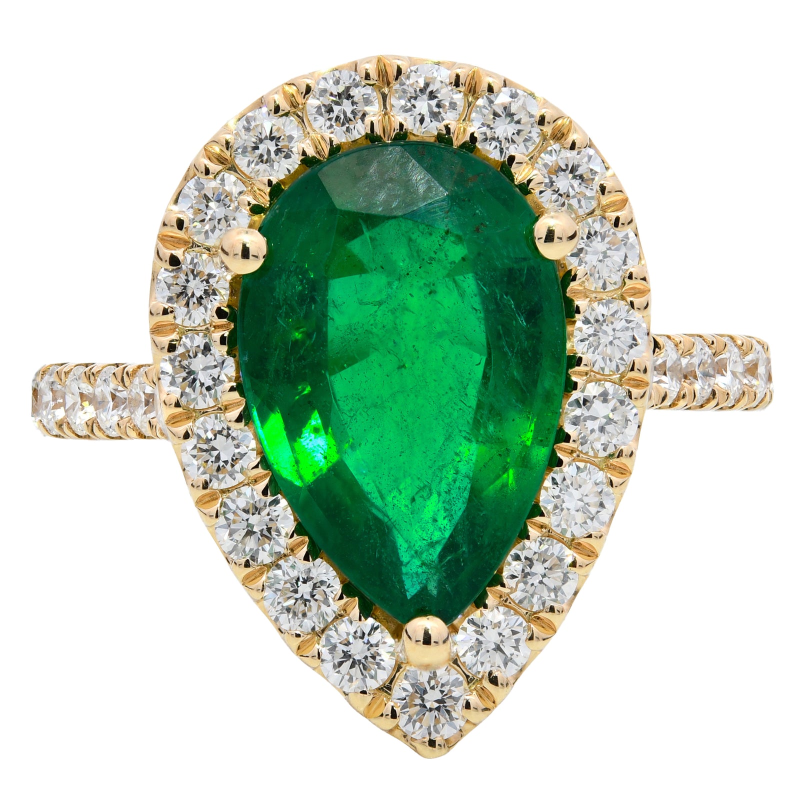 3.81ct emerald & natural diamond ring, pear cut set in 18ct yellow gold, WGI certified