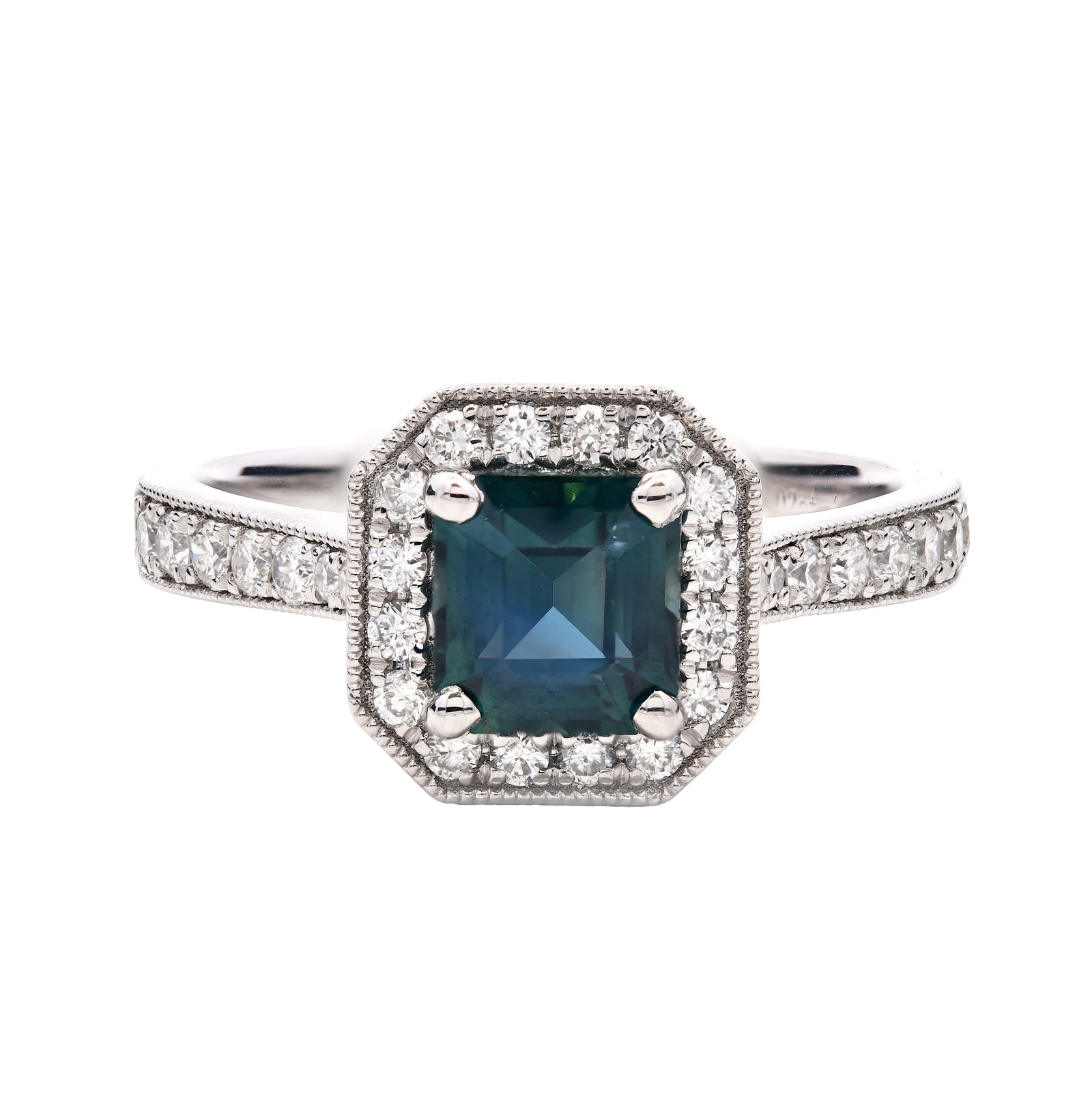 SOLD - 1.36ct teal sapphire & diamond engagement ring set in a platinum halo