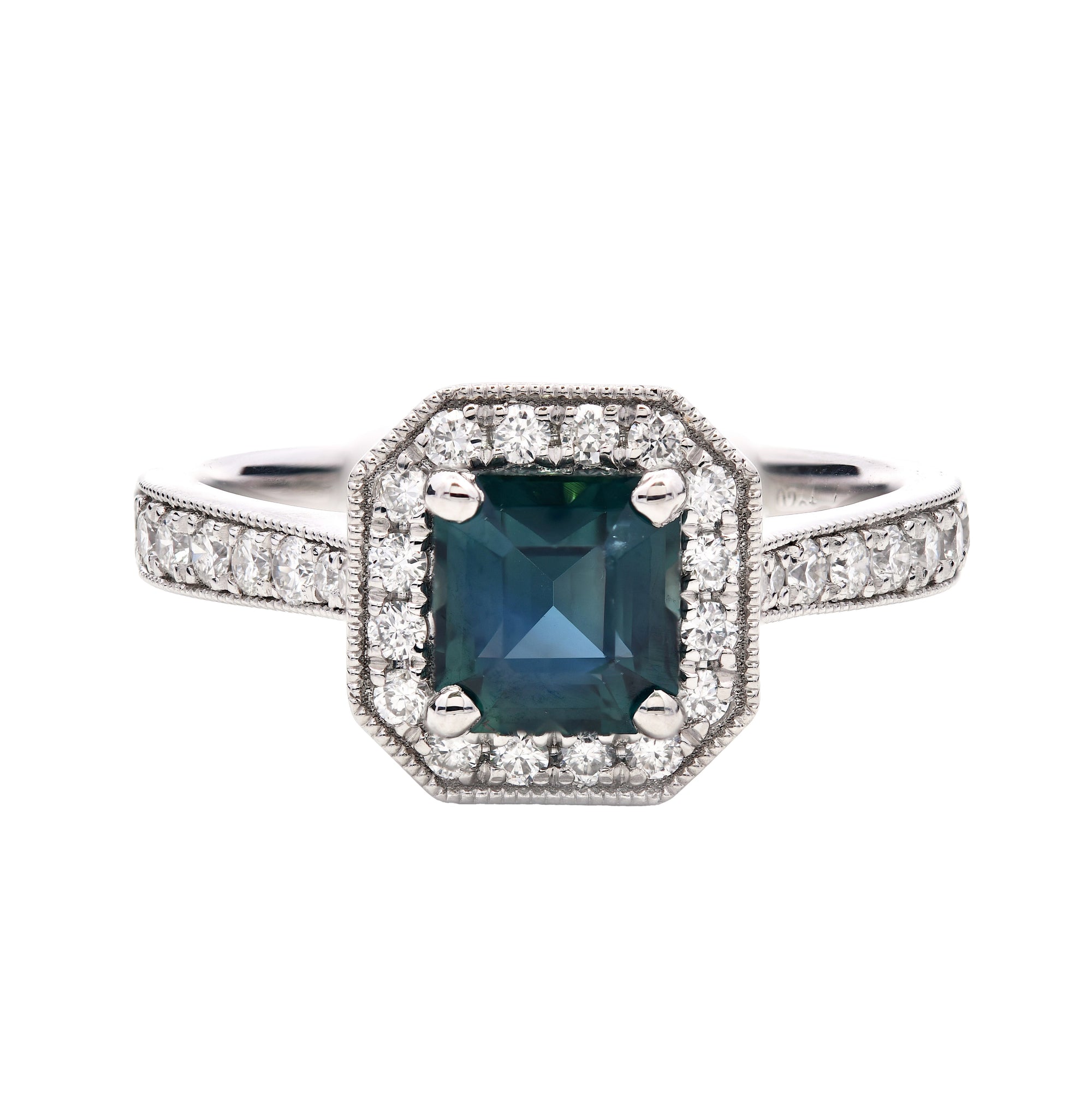 1.36ct teal sapphire & diamond engagement ring set in a platinum halo