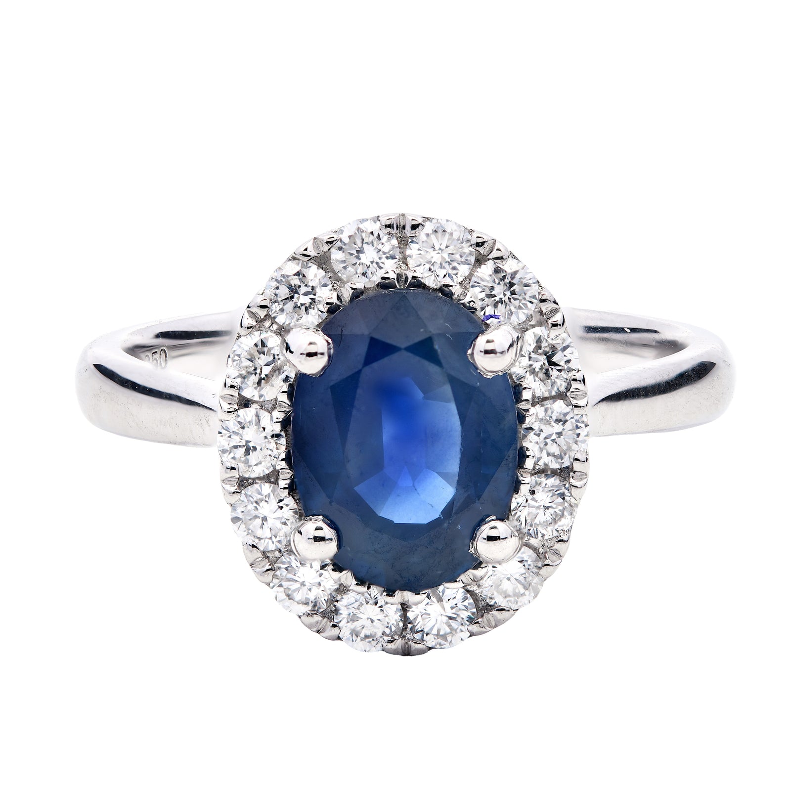 2.11ct Kashmir sapphire & diamond engagement ring, oval cut set in platinum. WGI certified