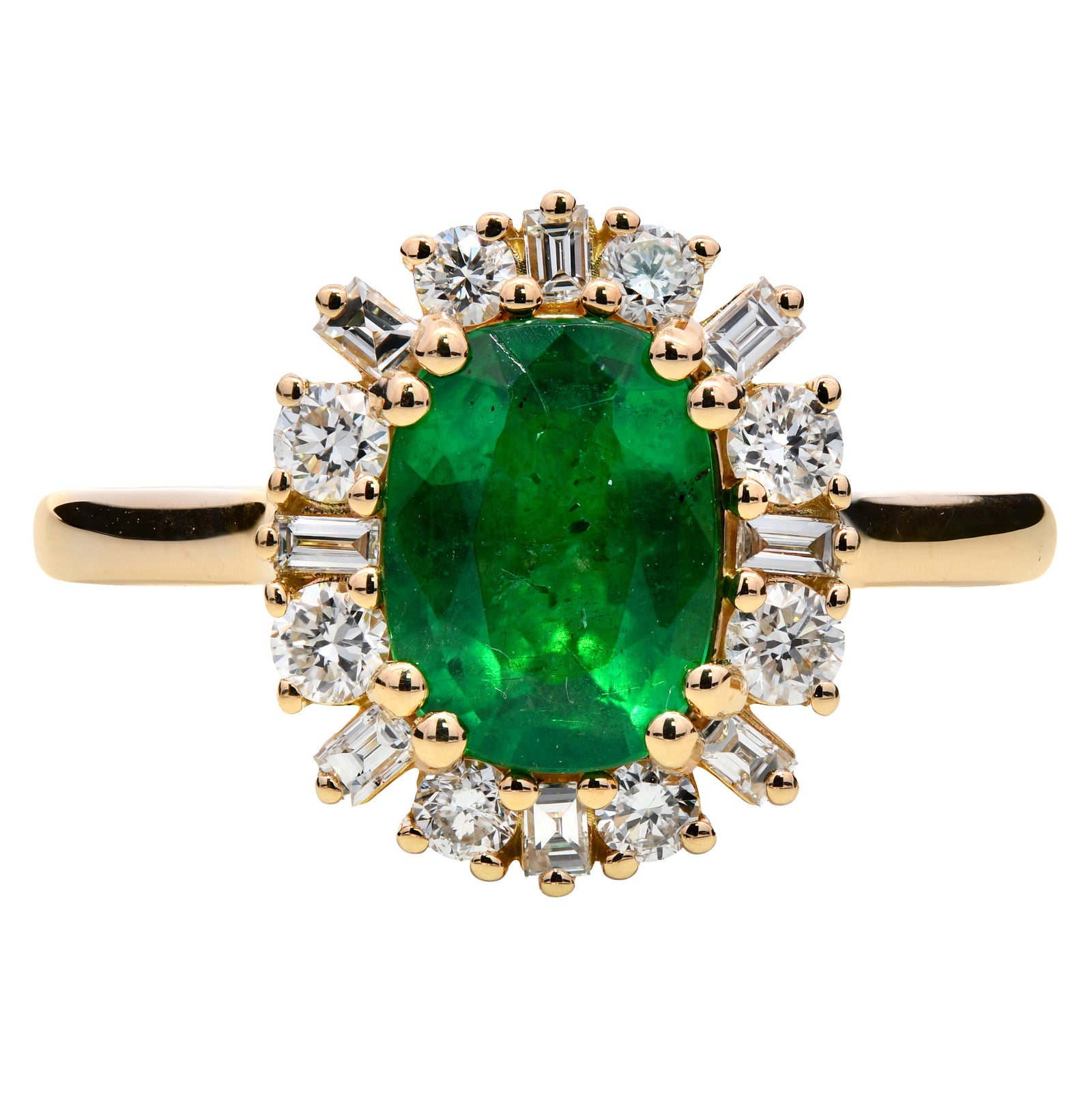 1.38ct emerald & natural diamond ring, cushion cut set in an 18ct yellow gold halo, WGI certified