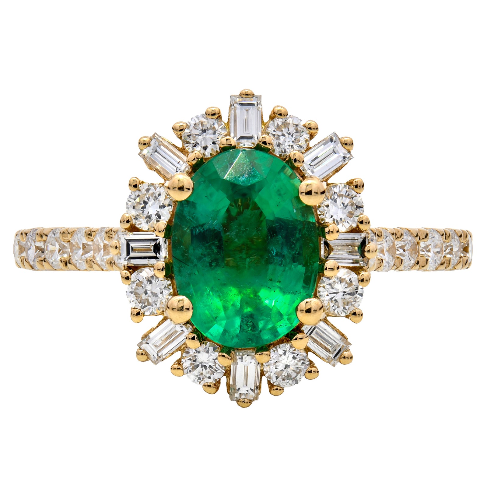 1.76ct emerald & natural diamond ring, oval cut set in an 18ct yellow gold halo, WGI certified