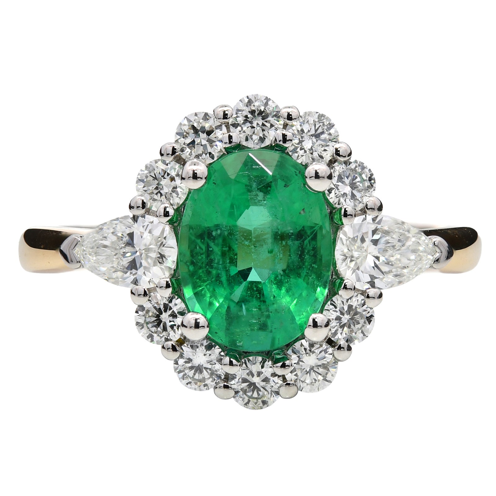 1.95ct emerald & natural diamond ring, oval, pear & round cut set in 18ct yellow gold & platinum, WGI certified