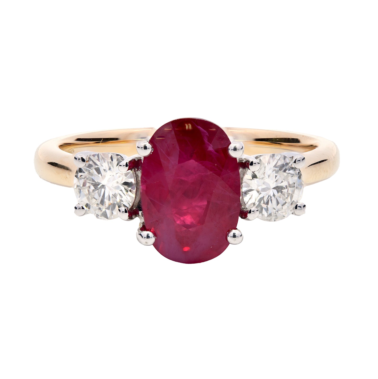 2.59ct ruby & natural diamond trilogy ring set in 18ct white & yellow gold. WGI certified