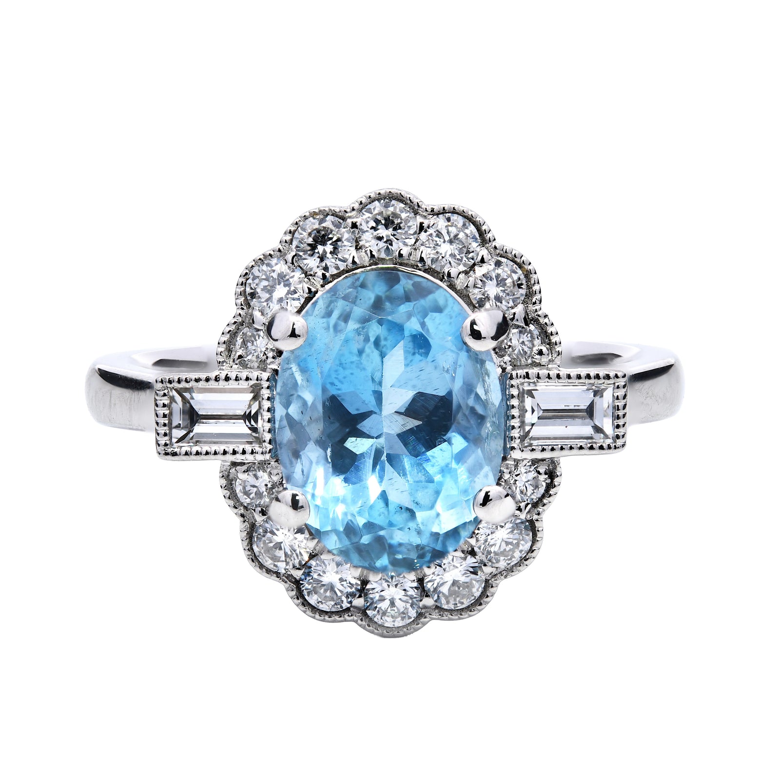 1.89ct aquamarine & diamond engagement ring, oval cut, set in platinum. WGI certified