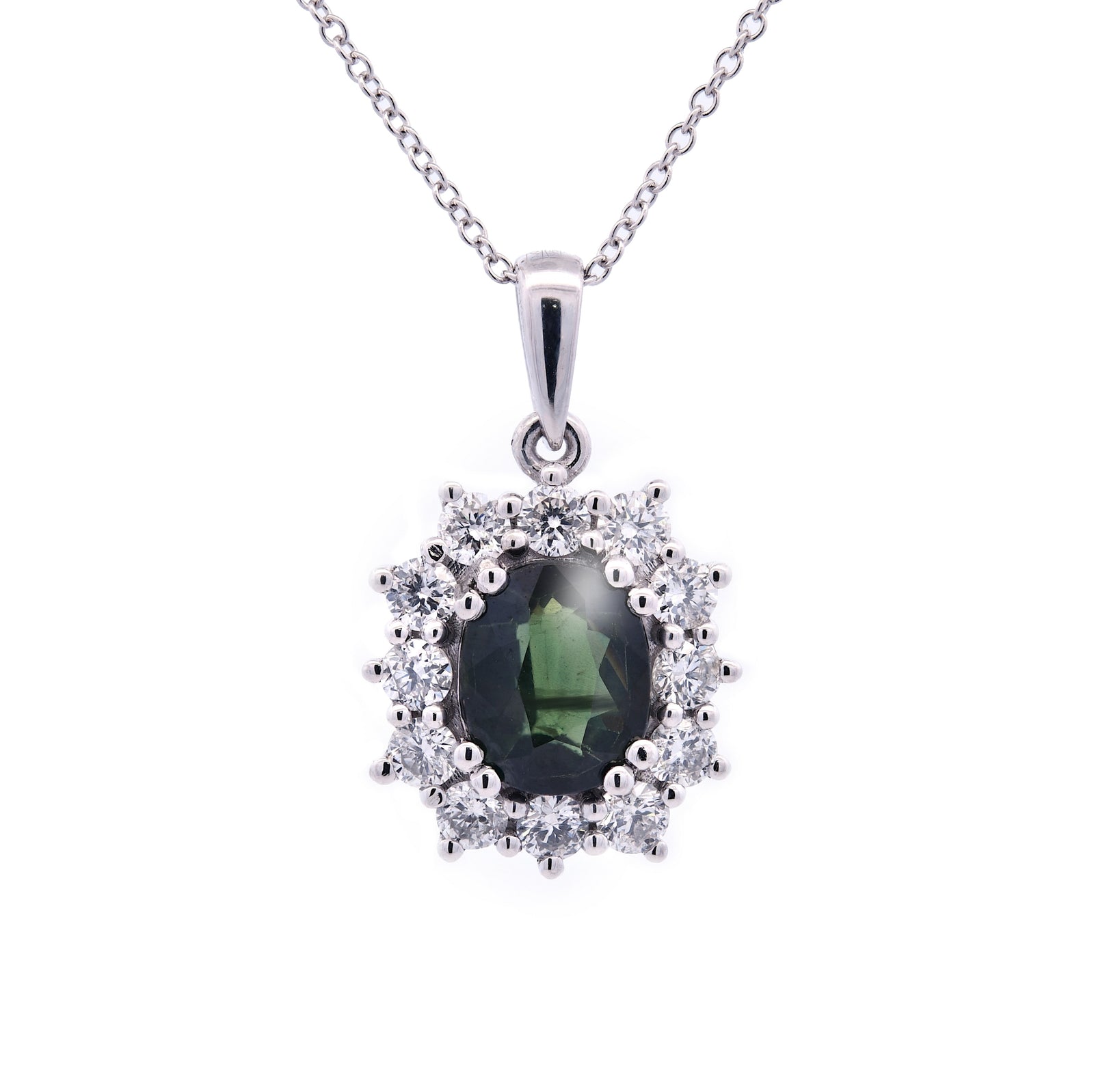2.06ct teal sapphire & natural diamond pendant set in 18ct white gold, WGI certified