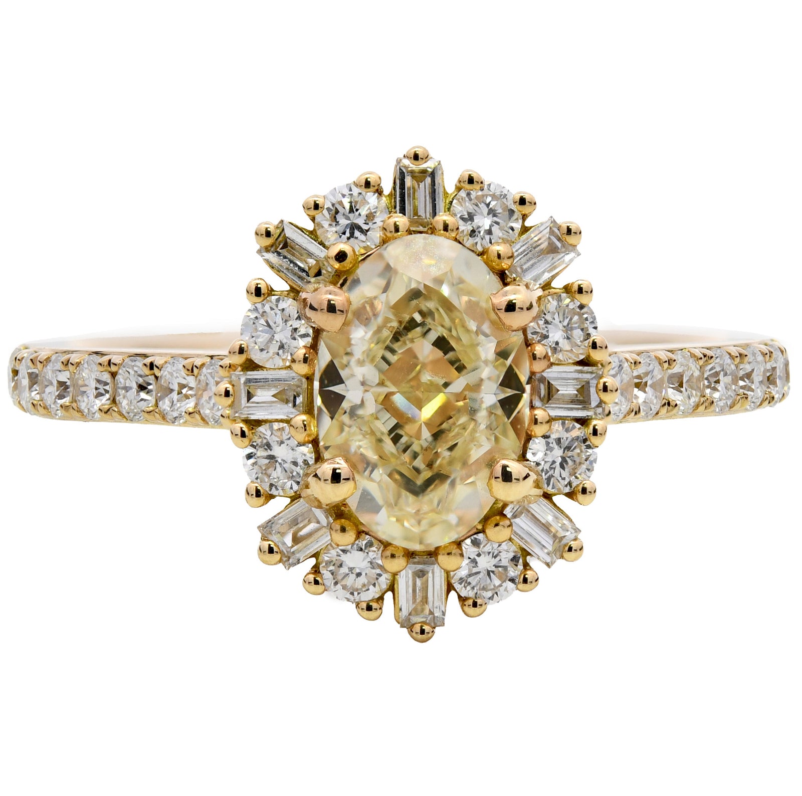 1.52ct natural diamond engagement ring, oval cut, fancy light yellow colour, internally flawless clarity, 18ct Yellow Gold, GIA certified.