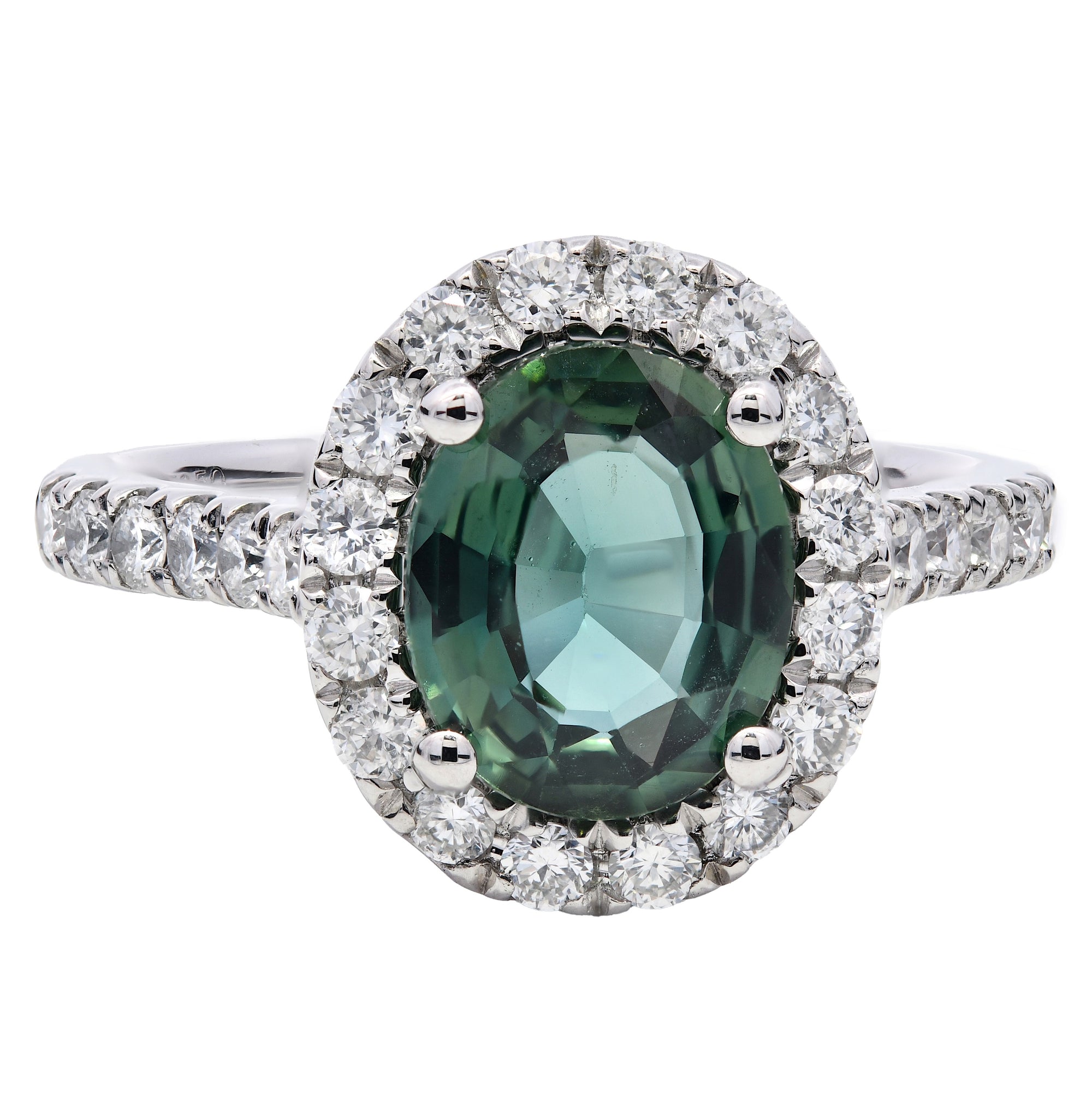 2.38ct teal sapphire & diamond engagement ring set in a platinum halo