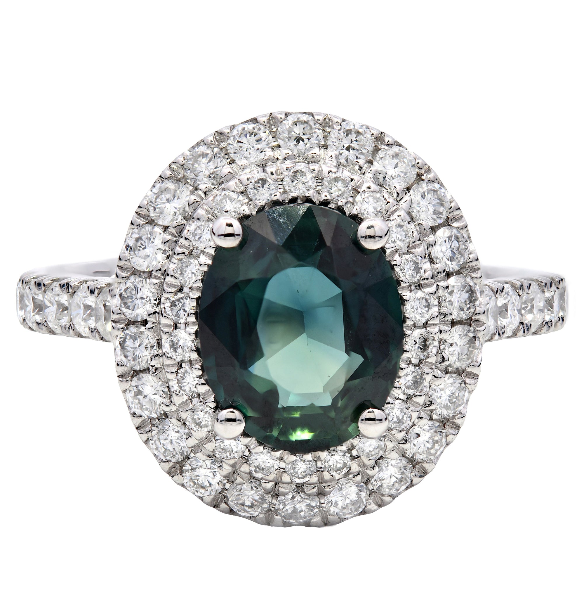 2.48ct teal sapphire & diamond engagement ring set in a platinum double halo