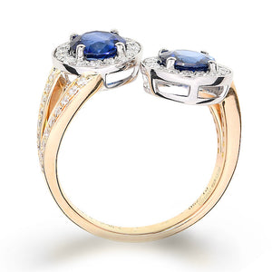 2.62ct blue sapphire & diamond cross over ring set in 18ct yellow gold & platinum. WGI certified