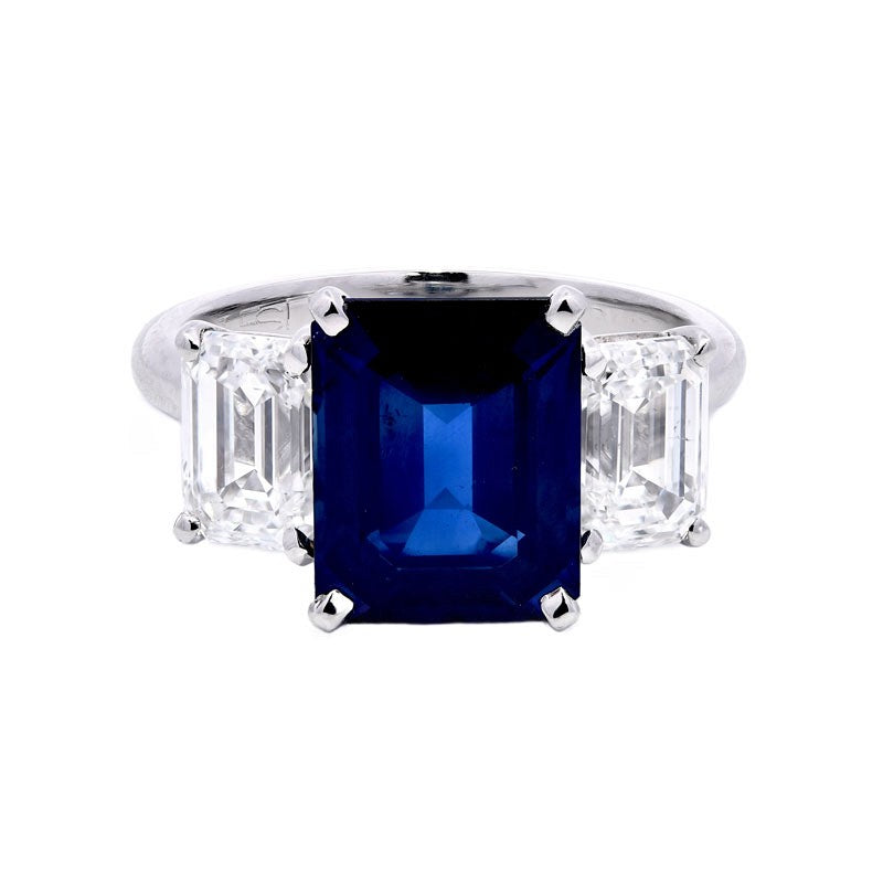 5.88ct Kashmir sapphire & diamond trilogy ring set in platinum, GIA certified