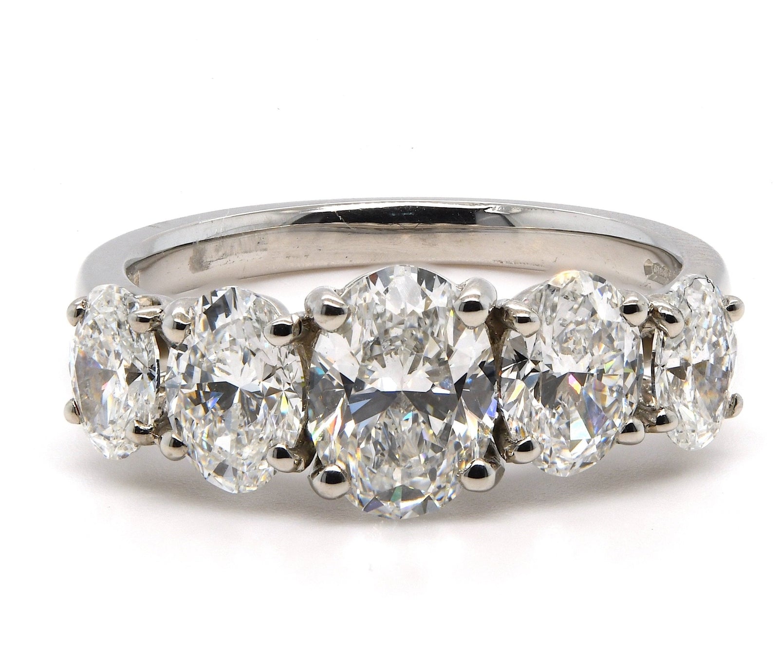 2.44ct natural diamond 5 stone ring, oval cut, E colour, VS1-2 clarity, GIA certified. Platinum.