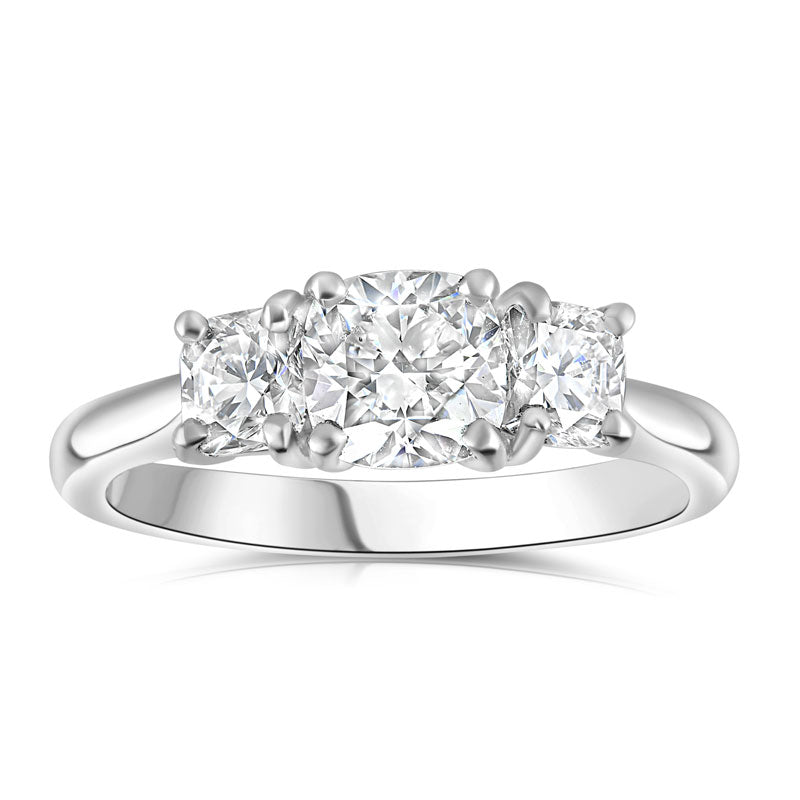 SOLD - 1.30ct natural diamond trilogy engagement ring, cushion cut, F colour, VS2 clarity, GIA certified. Platinum