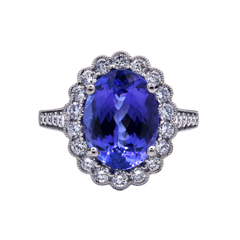 5.07ct tanzanite & diamond ring set in a platinum halo