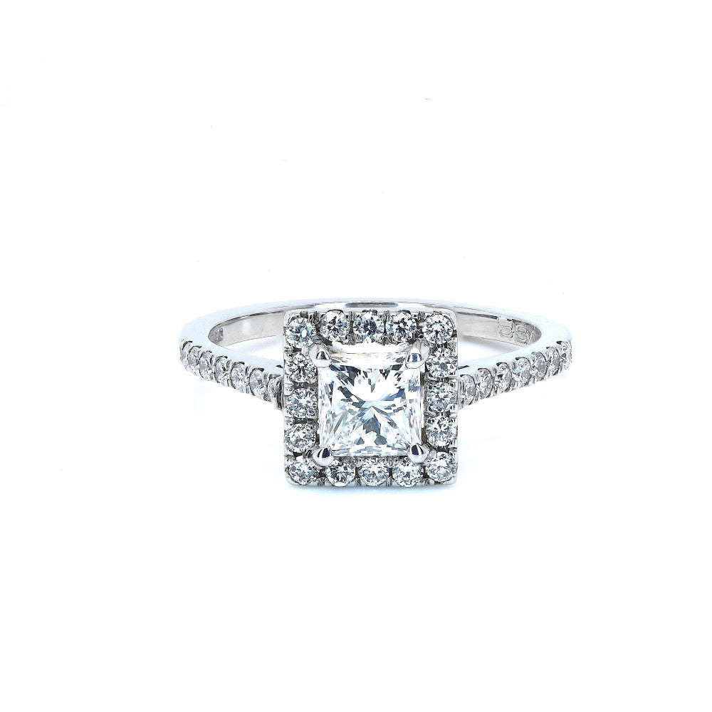 1.05ct princess cut diamond engagement ring set in a platinum halo, E, VS2, IGI certified