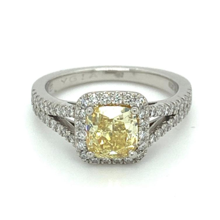 SOLD - 1.67ct natural diamond engagement ring, cushion cut, fancy intense yellow colour, SI clarity, GIA certified. Platinum