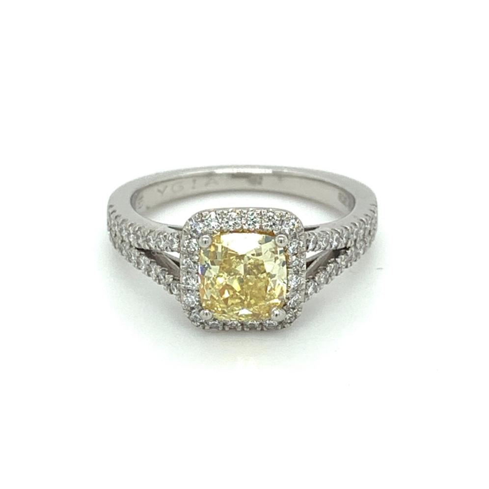 1.67ct cushion cut diamond engagement ring, platinum, fancy intense yellow colour, SI clarity, GIA certified