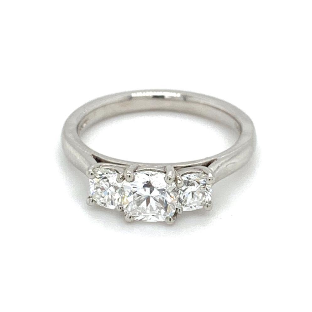 1.31ct round brilliant diamond trilogy engagement ring, platinum, E colour, VVS2-VS2 clarity, GIA certified