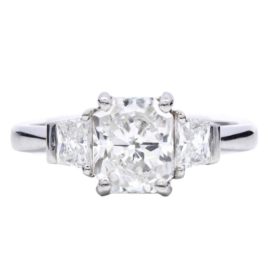 SOLD - 1.53ct natural diamond trilogy engagement ring, radiant cut, G colour, VS2 clarity, GIA certified. Platinum