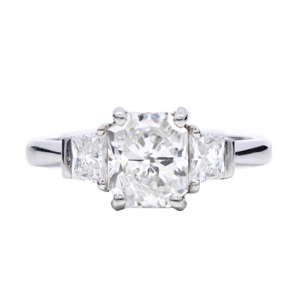 1.53ct radiant cut trilogy engagement ring set in platinum, G, VS2, GIA certified