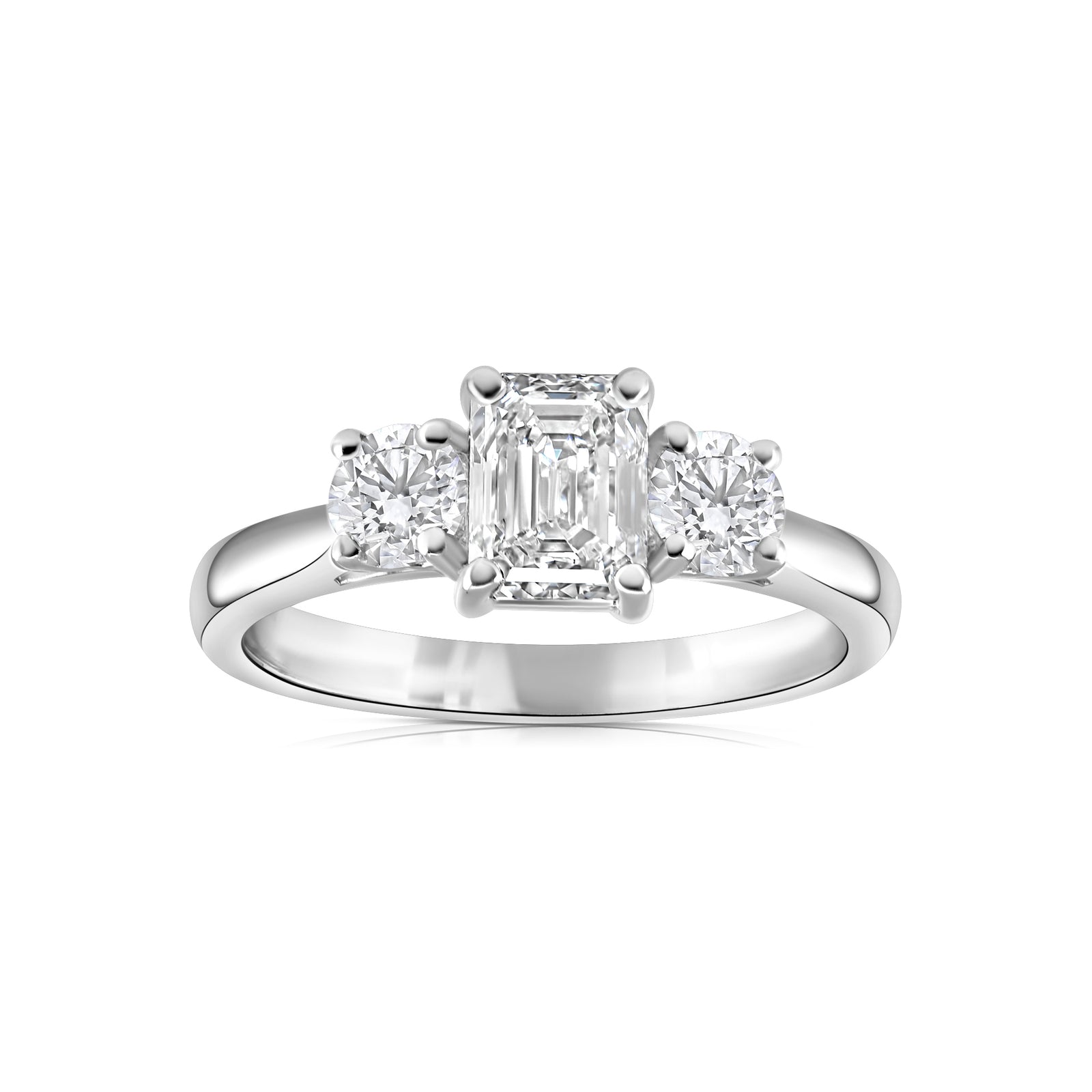 1.41ct natural diamond trilogy engagement ring, emerald & round brilliant cut, F colour, VS1-2 clarity, GIA certified. Platinum