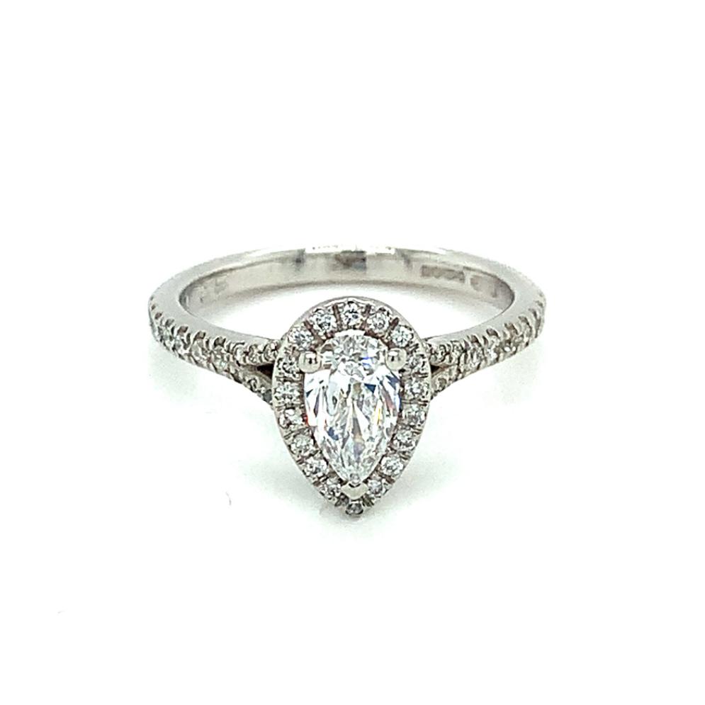 0.78ct pear shaped diamond engagement ring, platinum halo, D colour, loupe clean clarity, HRD certified