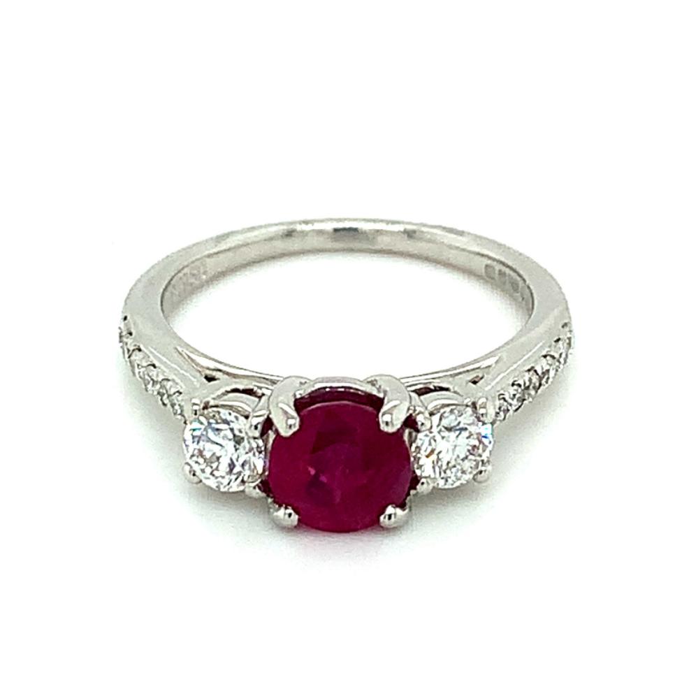1.46ct ruby & diamond trilogy engagement ring, platinum, G/H colour, SI clarity