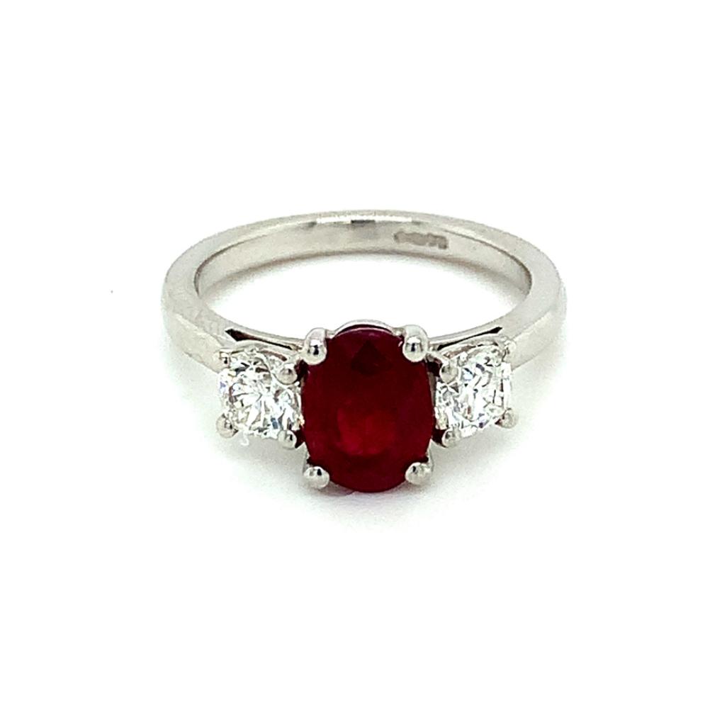2.41ct ruby & diamond trilogy engagement ring, platinum, G/H colour, SI clarity