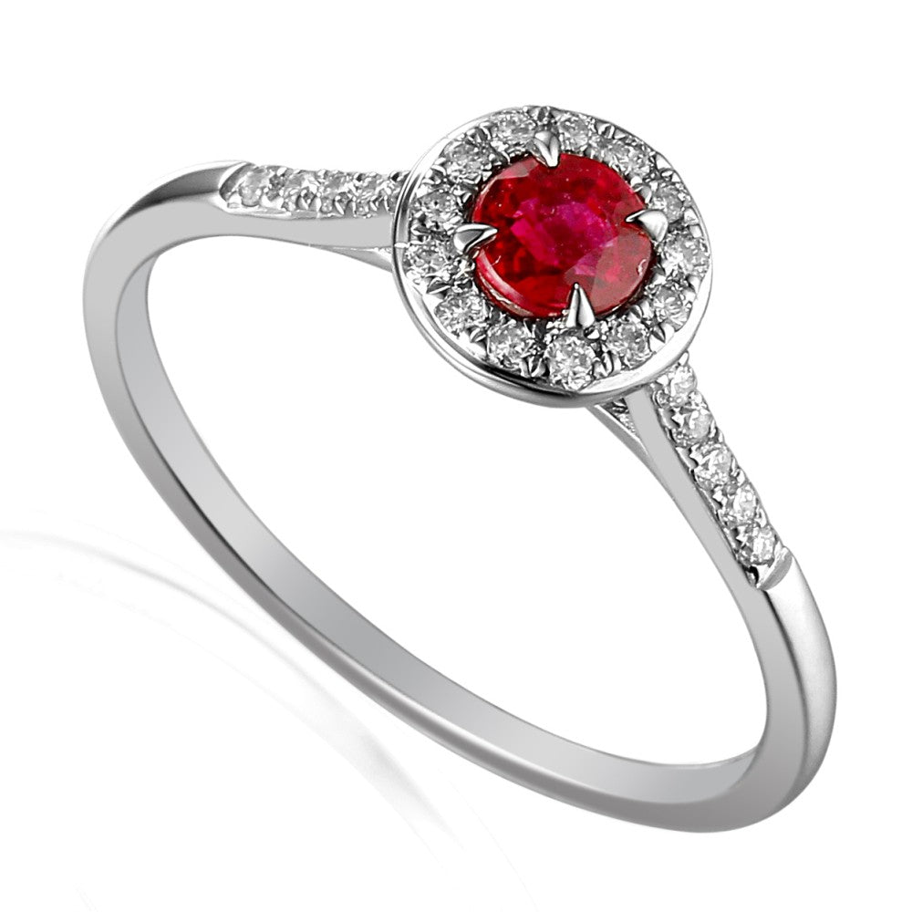 0.51ct ruby & diamond engagement ring set in a 18ct white gold halo