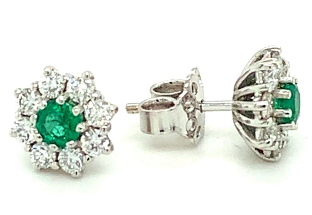 1.25ct emerald & diamond cluster earrings set in 18kt white gold, G/H colour, SI clarity