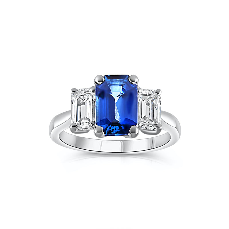 3.64ct sapphire & diamond trilogy engagement ring, platinum, G/H colour, SI clarity