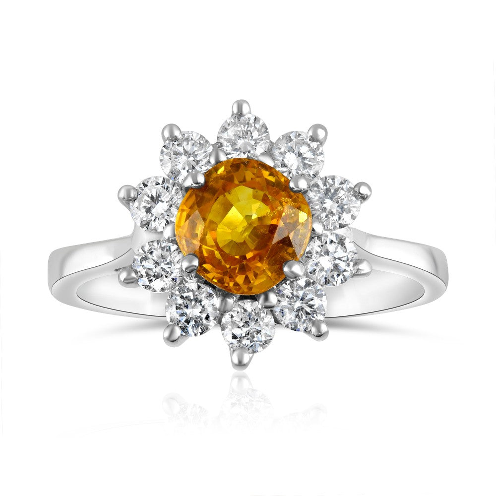 1.68ct yellow sapphire & diamond flower ring set in 18ct white gold
