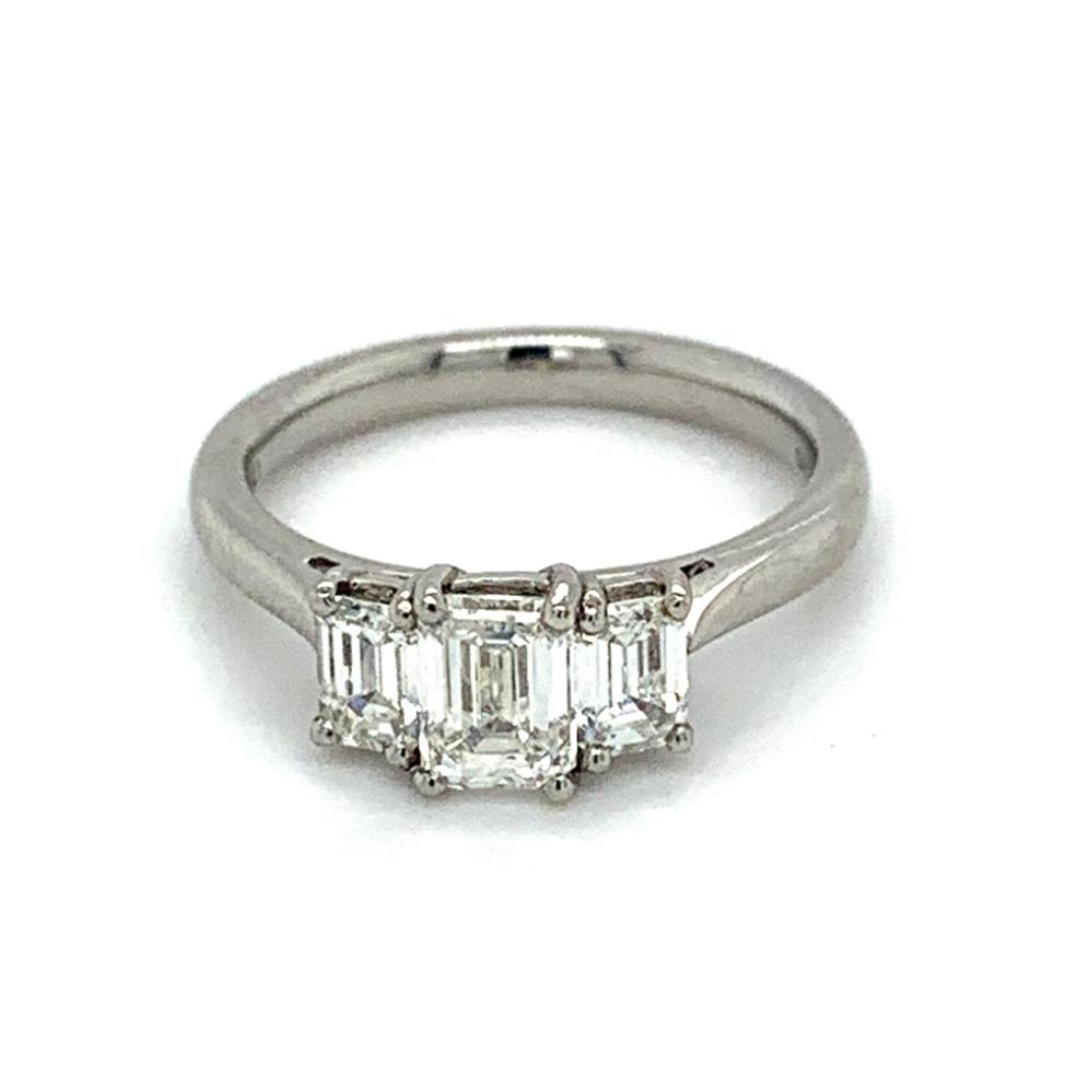 1.24ct emerald cut diamond trilogy engagement ring, platinum, G colour, VS1 clarity, GIA certified