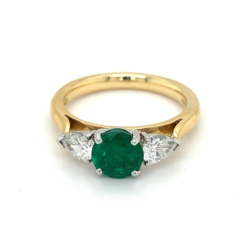 1.65ct emerald & diamond trilogy engagement ring set in 18kt yellow/white gold