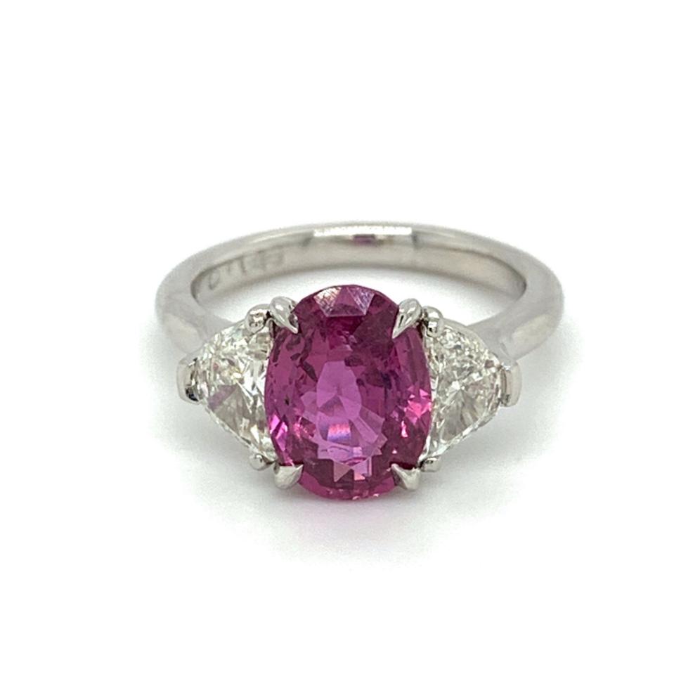 4.25ct pink sapphire & diamond trilogy engagement ring set in platinum
