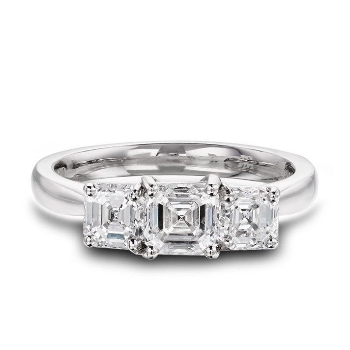 1.85ct natural diamond trilogy engagement ring, asscher cut, E colour, VS1 clarity, GIA certified. Platinum