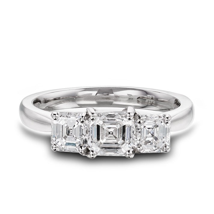 1.85ct asscher cut diamond trilogy ring set in platinum, E, VS1, GIA certified