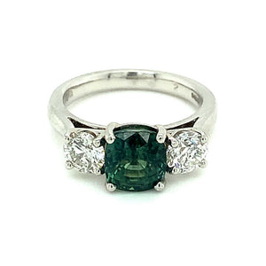 4.15ct green sapphire & diamond trilogy engagement ring, platinum, G/H colour, SI clarity