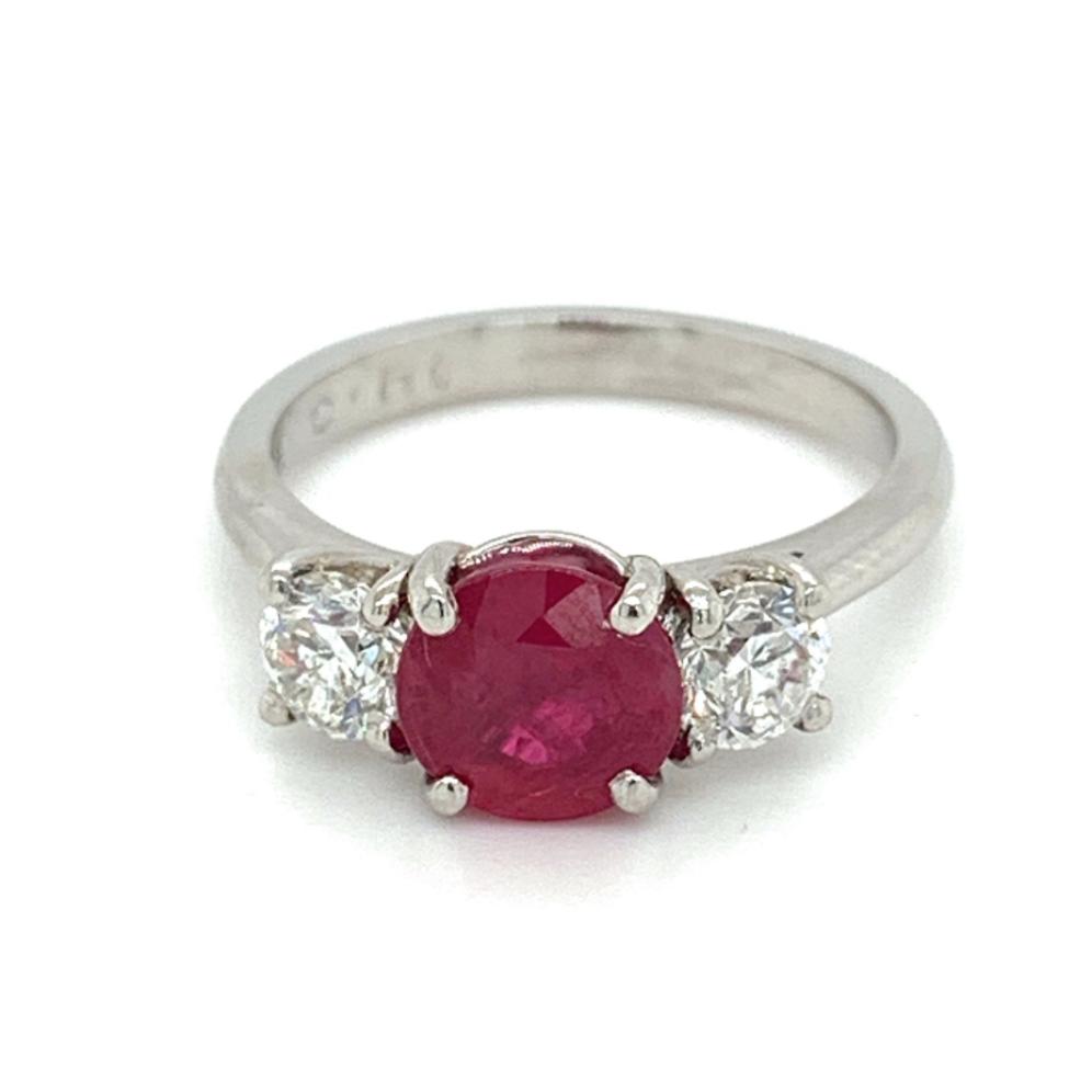 2.79ct ruby & diamond trilogy engagement ring, platinum, G/H colour, SI clarity
