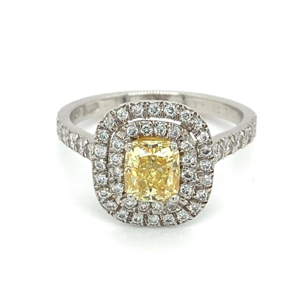 1.72ct cushion cut diamond engagement ring, platinum halo, fancy intense yellow colour, VS2 clarity, GIA certified