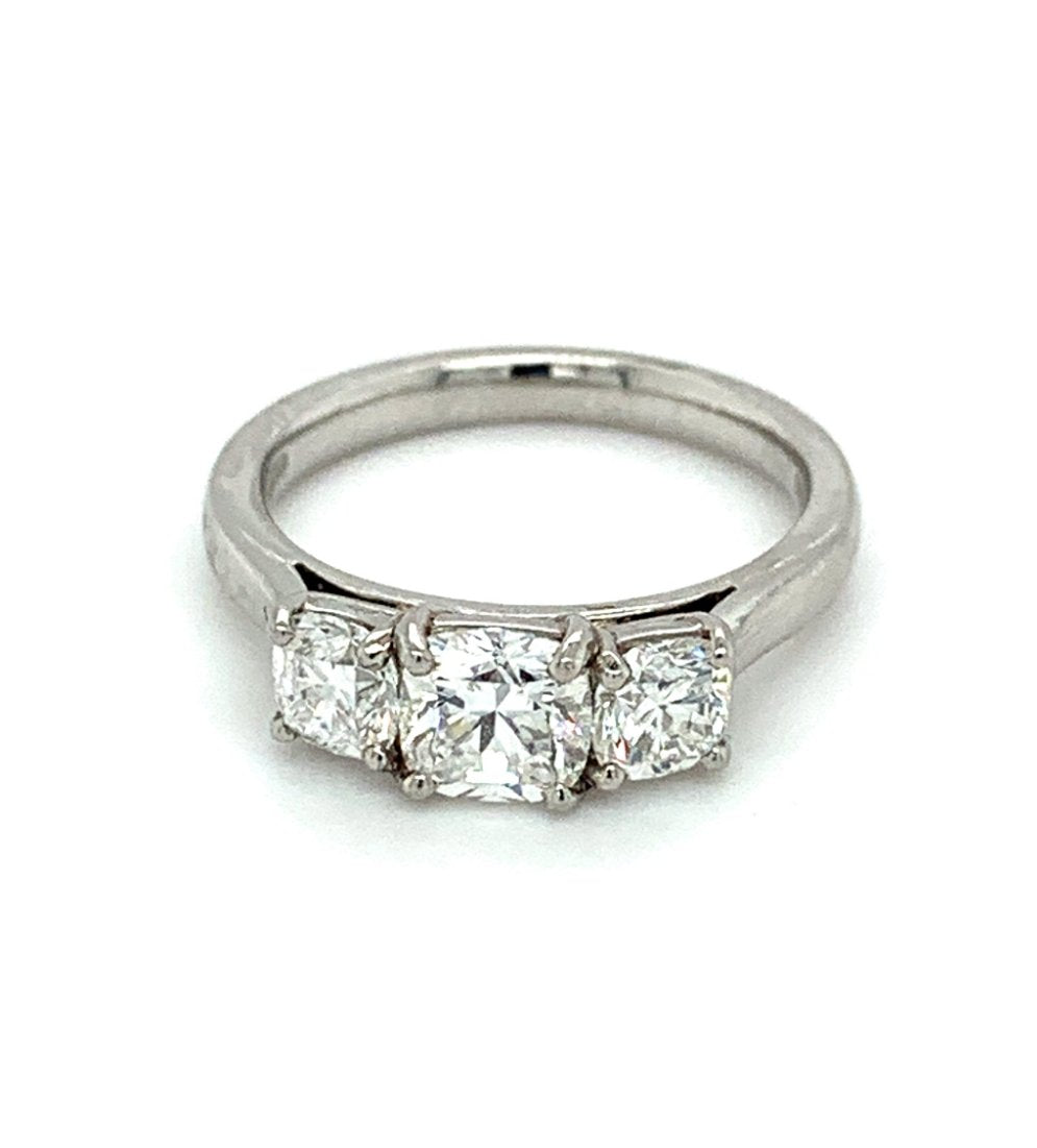 1.52ct asscher cut diamond trilogy engagement ring, platinum, E colour, VS2 clarity, GIA certified